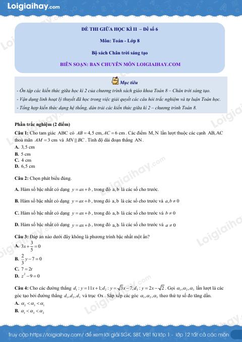 Đề thi giữa kì 2 Toán 8 - Đề số 6 - Chân trời sáng tạo